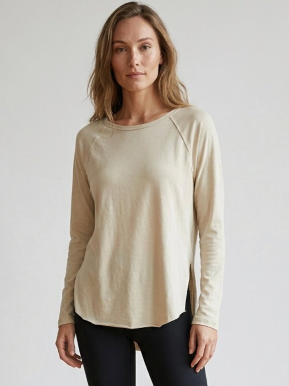 MONO B Beige Scoop Neck Long Sleeve Raglan Top Sz S